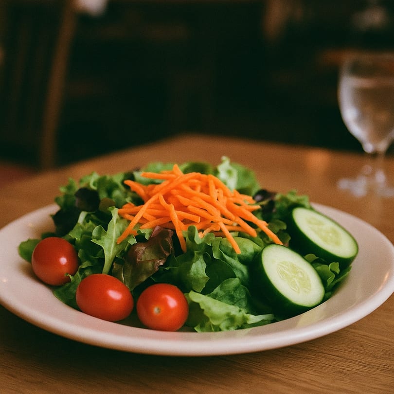 Fresh garden salad with mixed greens, shredded carrots, cherry tomatoes, and cucumber slices.