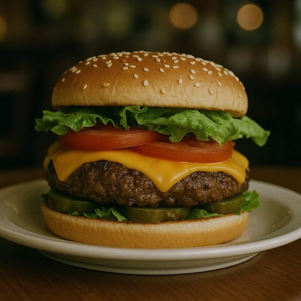 A classic cheeseburger with lettuce, tomato, and pickles on a sesame seed bun.