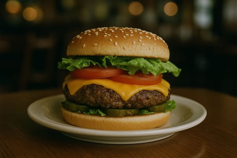 A classic cheeseburger with lettuce, tomato, and pickles on a sesame seed bun.