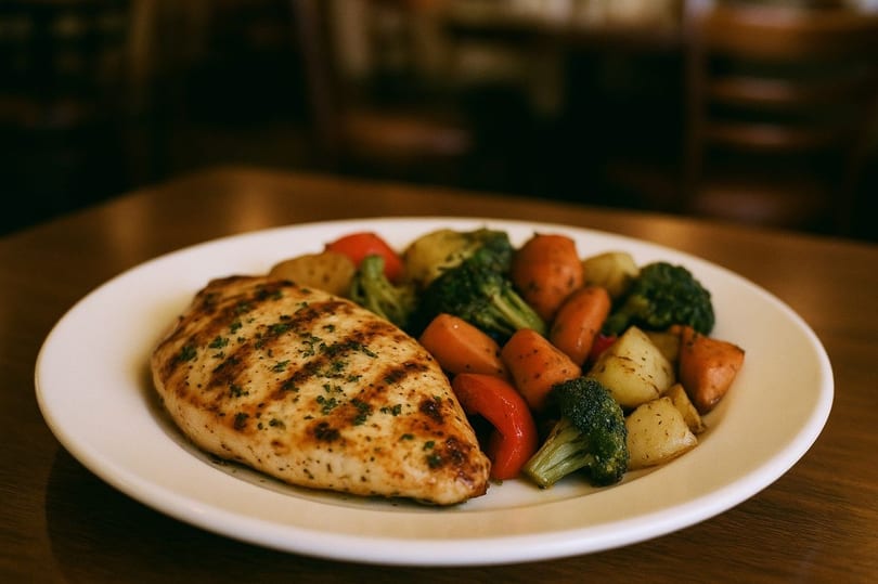 Grilled chicken breast with roasted broccoli, carrots, potatoes, and red bell peppers on a white plate.