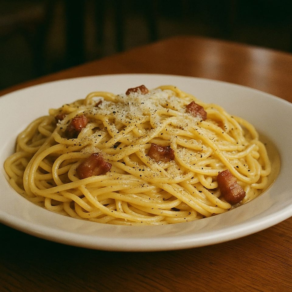 A white bowl of spaghetti carbonara with bacon, cheese, and black pepper on a wooden table.