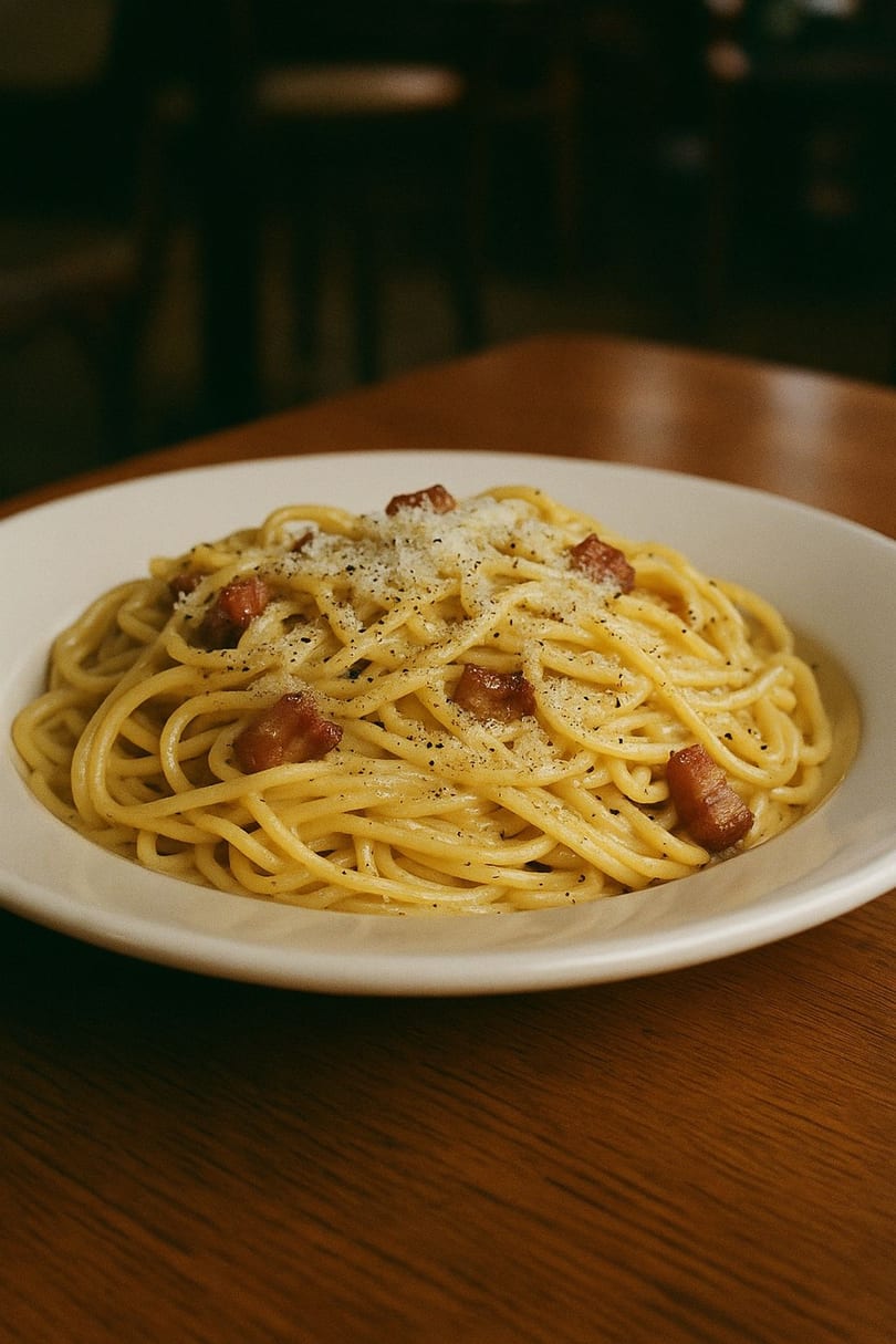 A white bowl of spaghetti carbonara with bacon, cheese, and black pepper on a wooden table.