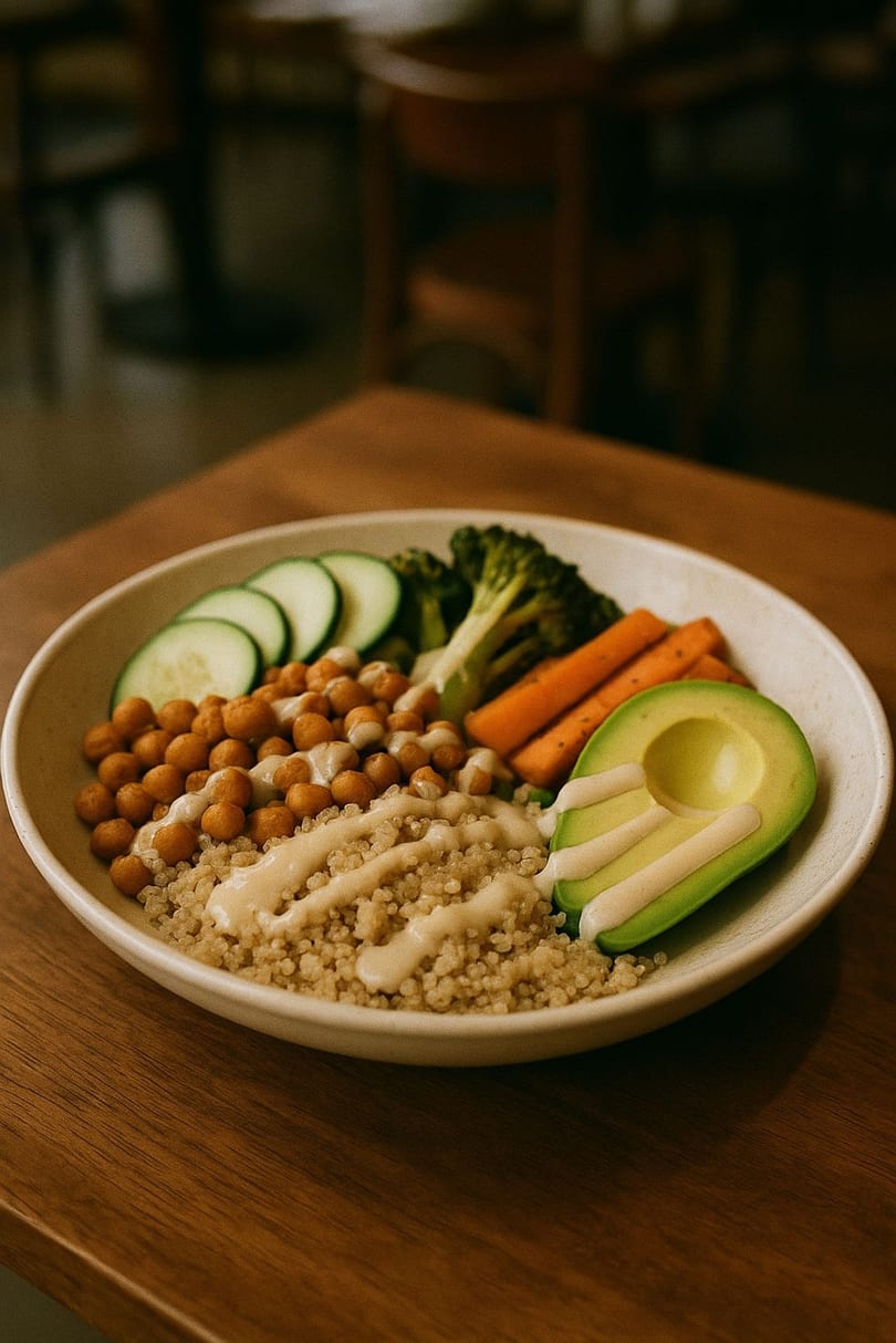 Vicki's quinoa bowl with chickpeas, avocado, broccoli, carrots, and cucumber, drizzled with sauce.